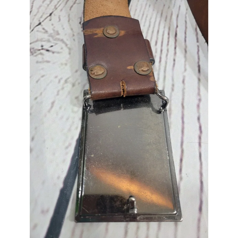 Leather Belt Vintage Americana Patriotic Flag Buckle Steerhide Brown 34